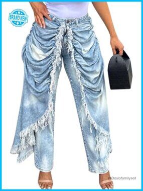 High Waisted Straight Leg Baggy Jeans Ruched Fringe Faux Two Piece